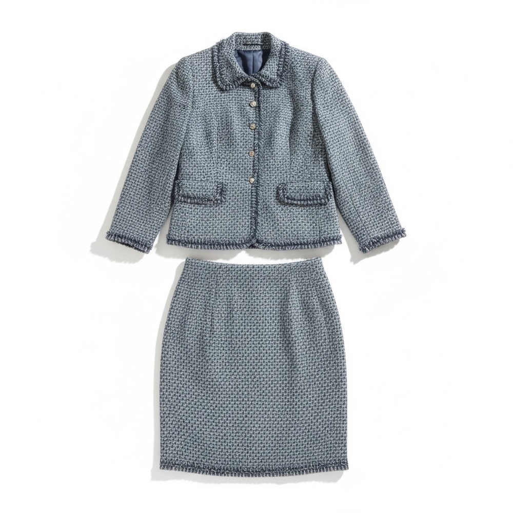 Vintage Escada tweed skirt suit blue silver